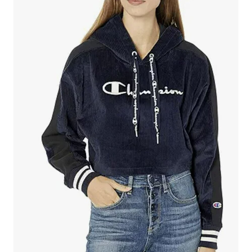 Champion Womens Reverse Weave Cropped Hoodie Navy/Black Size Small - Picture 2 of 6